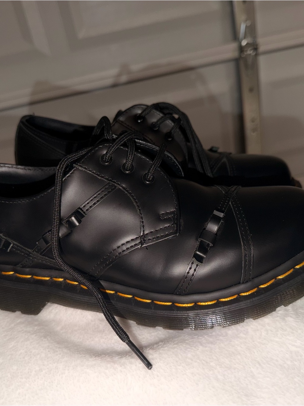 Dr. Martens Black Leather Lace-Up Oxfords with Yellow Stitching - Picture 2 of 8